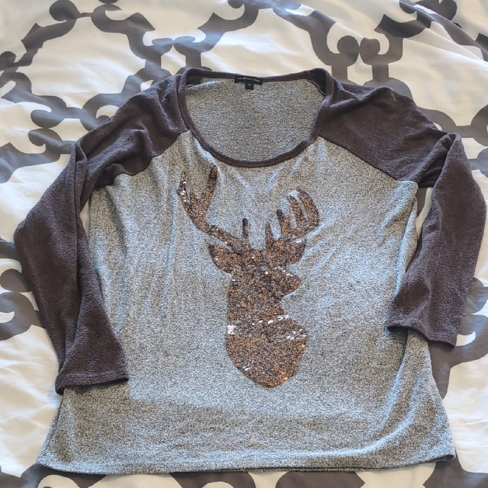 Brown and Gray Sequin Deer Sweater
